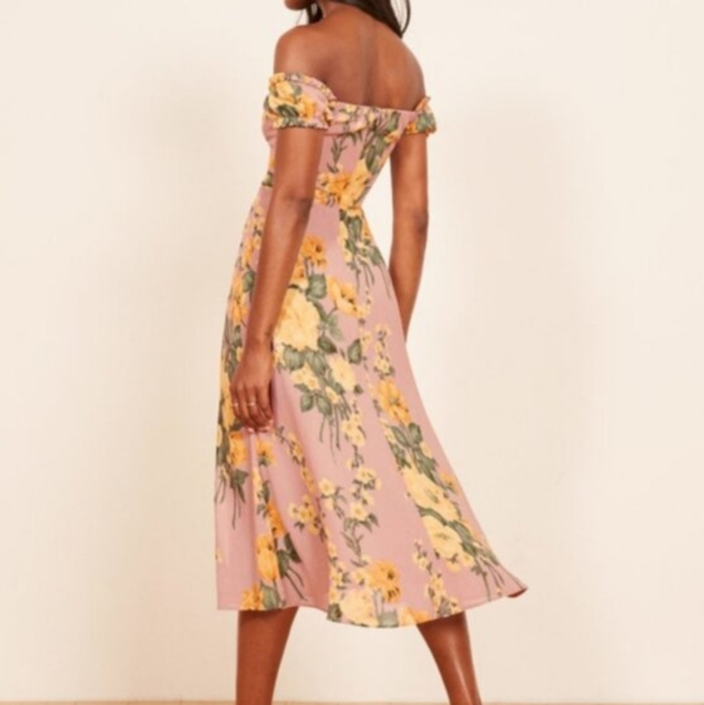 Reformation Pink Off-Shoulder Midi Dress with Yellow Floral Print - Picture 2 of 16
